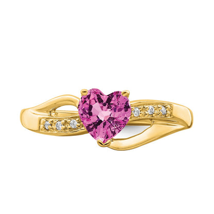 14K Yellow Gold Created Pink Sapphire and Real Diamond Heart Ring