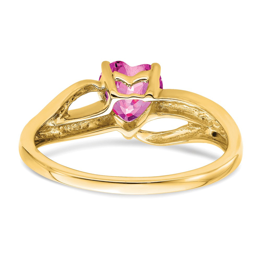 14K Yellow Gold Created Pink Sapphire and Real Diamond Heart Ring