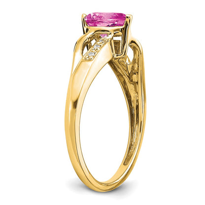 14K Yellow Gold Created Pink Sapphire and Real Diamond Heart Ring
