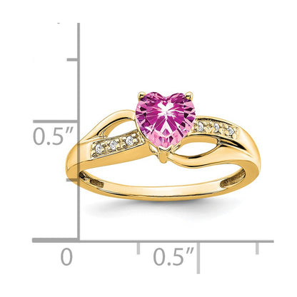 14K Yellow Gold Created Pink Sapphire and Real Diamond Heart Ring