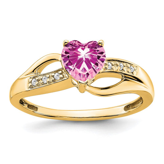 14K Yellow Gold Created Pink Sapphire and Real Diamond Heart Ring