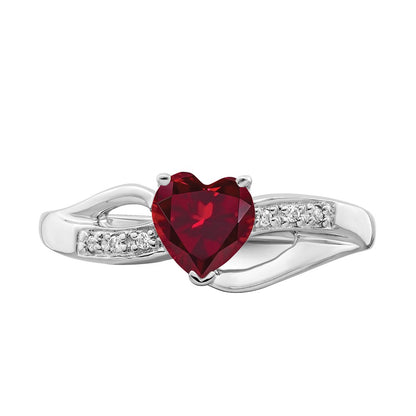 14k White Gold Created Ruby and Real Diamond Heart Ring
