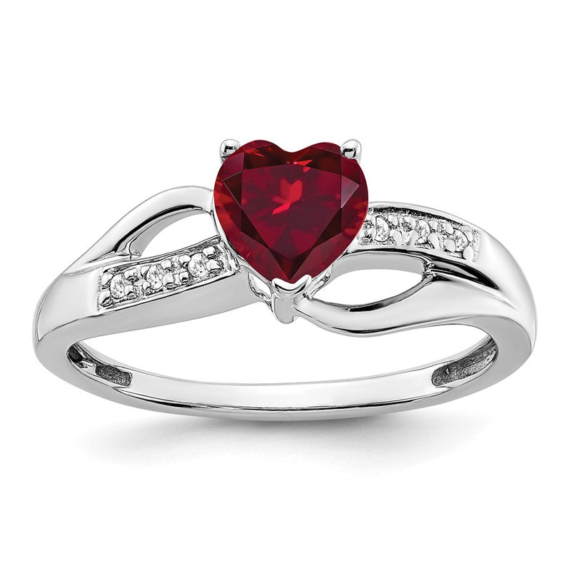 14k White Gold Created Ruby and Real Diamond Heart Ring