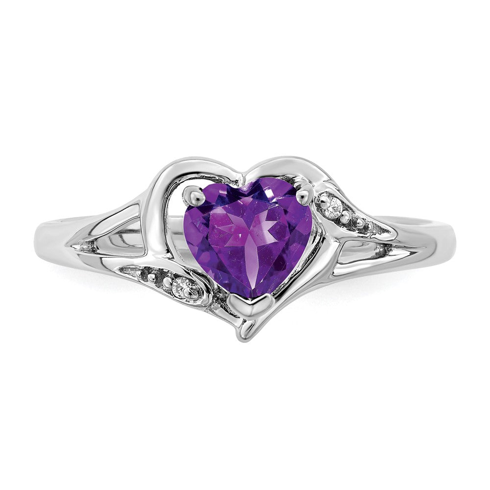 Solid 14k White Gold Simulated Amethyst and CZ Heart Ring