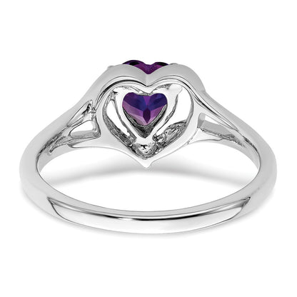Solid 14k White Gold Simulated Amethyst and CZ Heart Ring