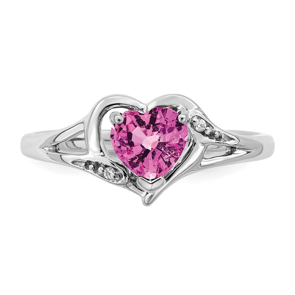 14k White Gold Created Pink Sapphire and Real Diamond Heart Ring