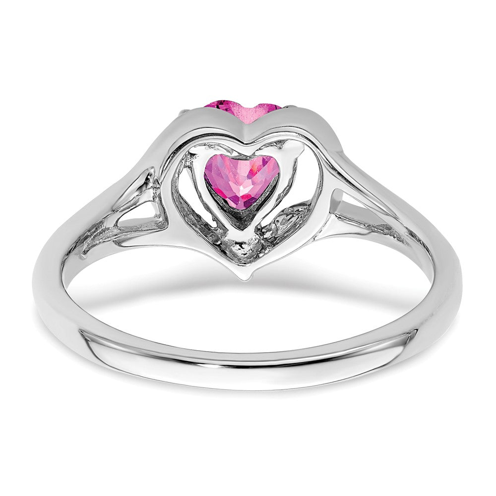 14k White Gold Created Pink Sapphire and Real Diamond Heart Ring