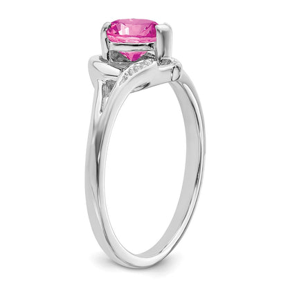 14k White Gold Created Pink Sapphire and Real Diamond Heart Ring