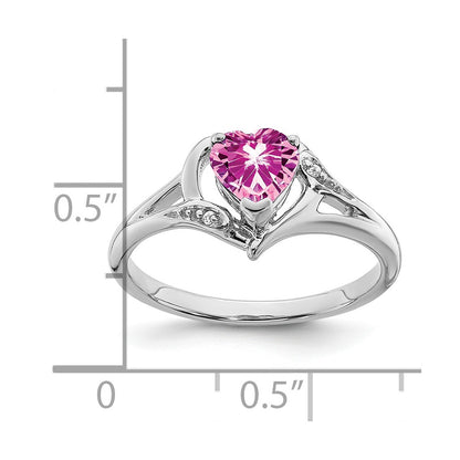 14k White Gold Created Pink Sapphire and Real Diamond Heart Ring