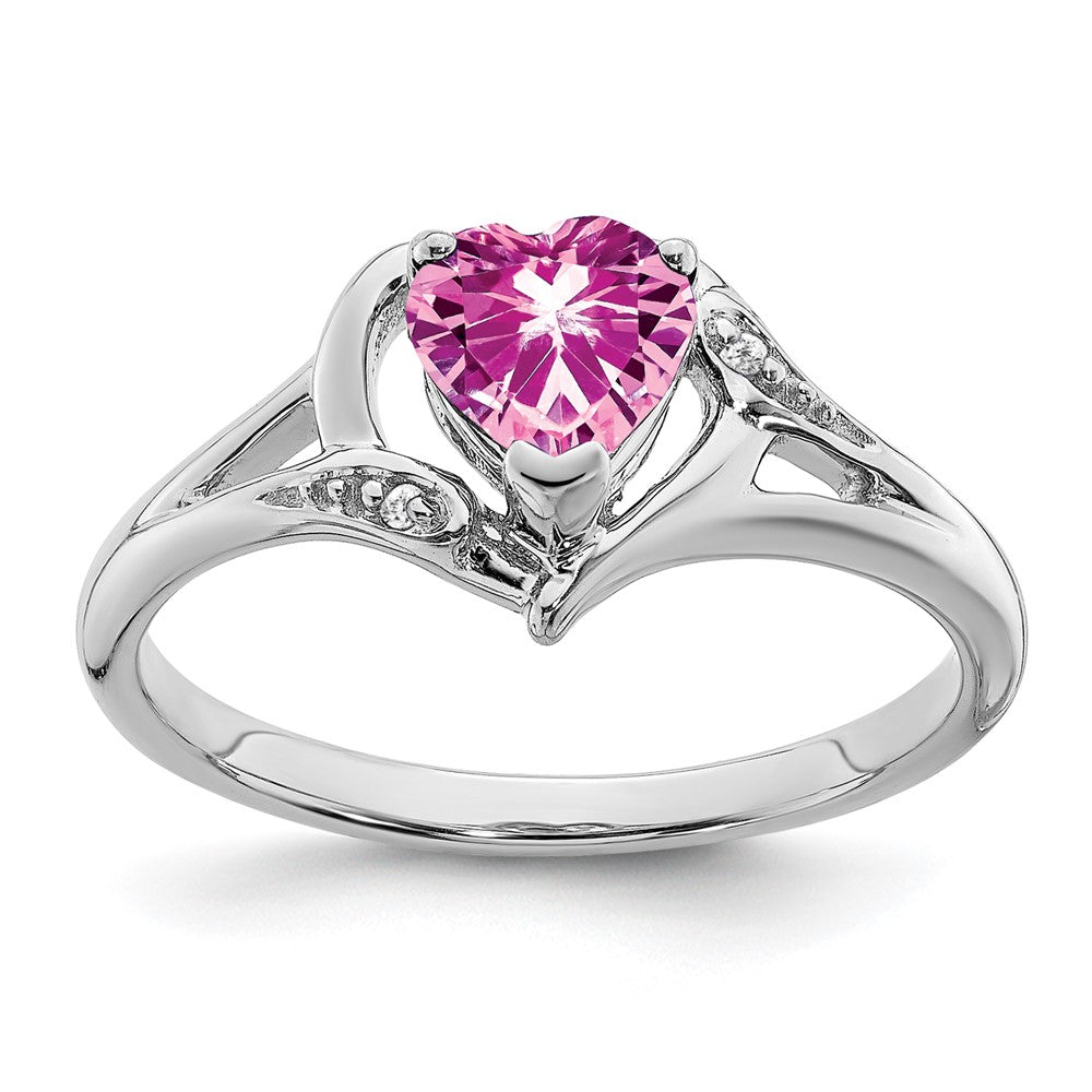 14k White Gold Created Pink Sapphire and Real Diamond Heart Ring
