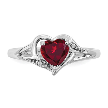 14k White Gold Created Ruby and Real Diamond Heart Ring