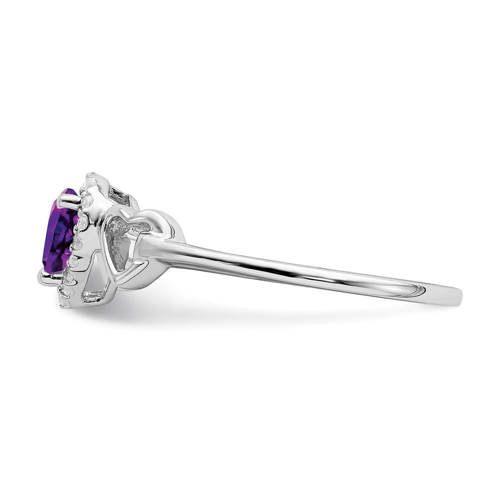 Solid 14k White Gold Simulated Amethyst and CZ Heart Ring
