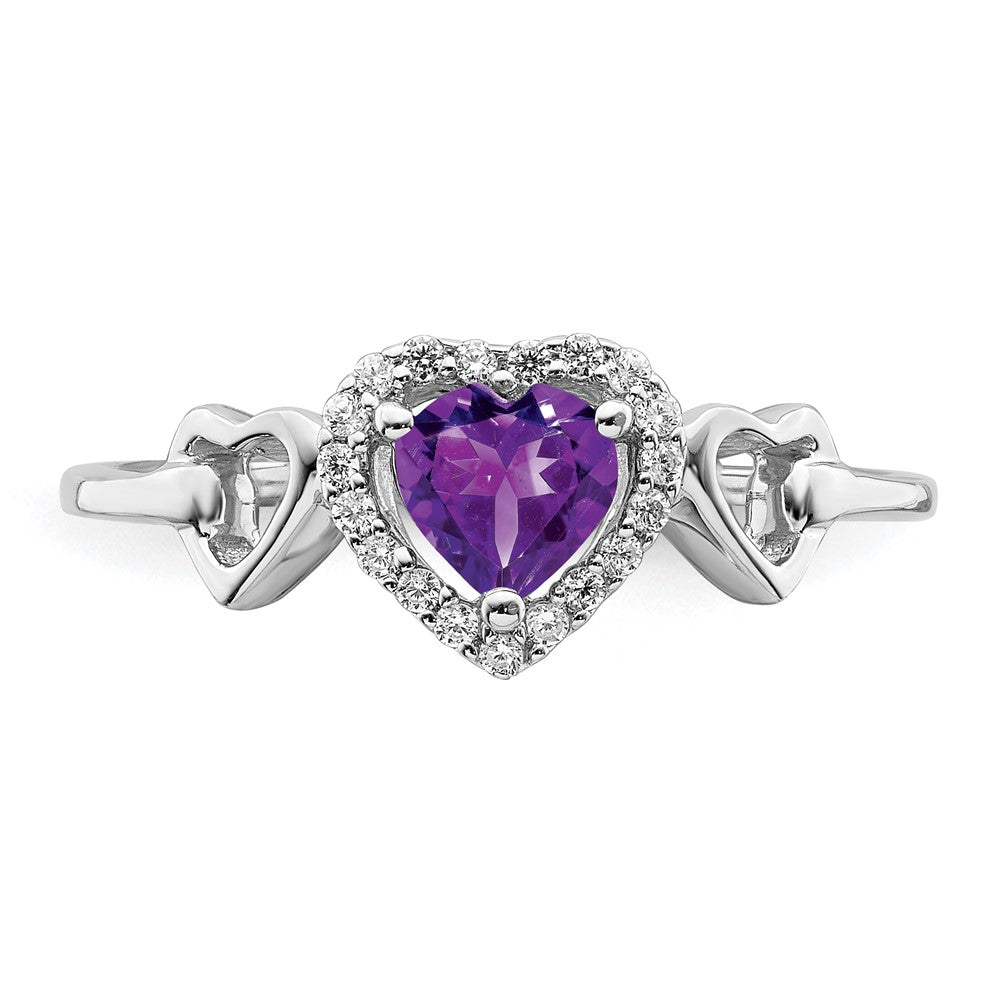 Solid 14k White Gold Simulated Amethyst and CZ Heart Ring