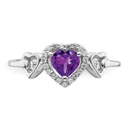 Solid 14k White Gold Simulated Amethyst and CZ Heart Ring