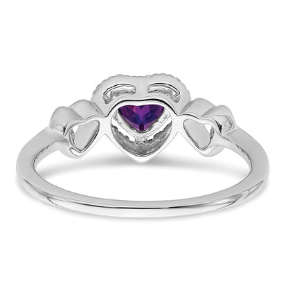 Solid 14k White Gold Simulated Amethyst and CZ Heart Ring