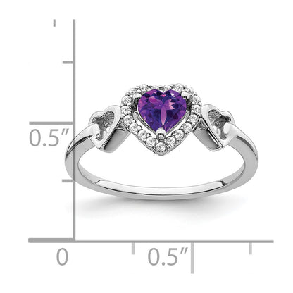 Solid 14k White Gold Simulated Amethyst and CZ Heart Ring