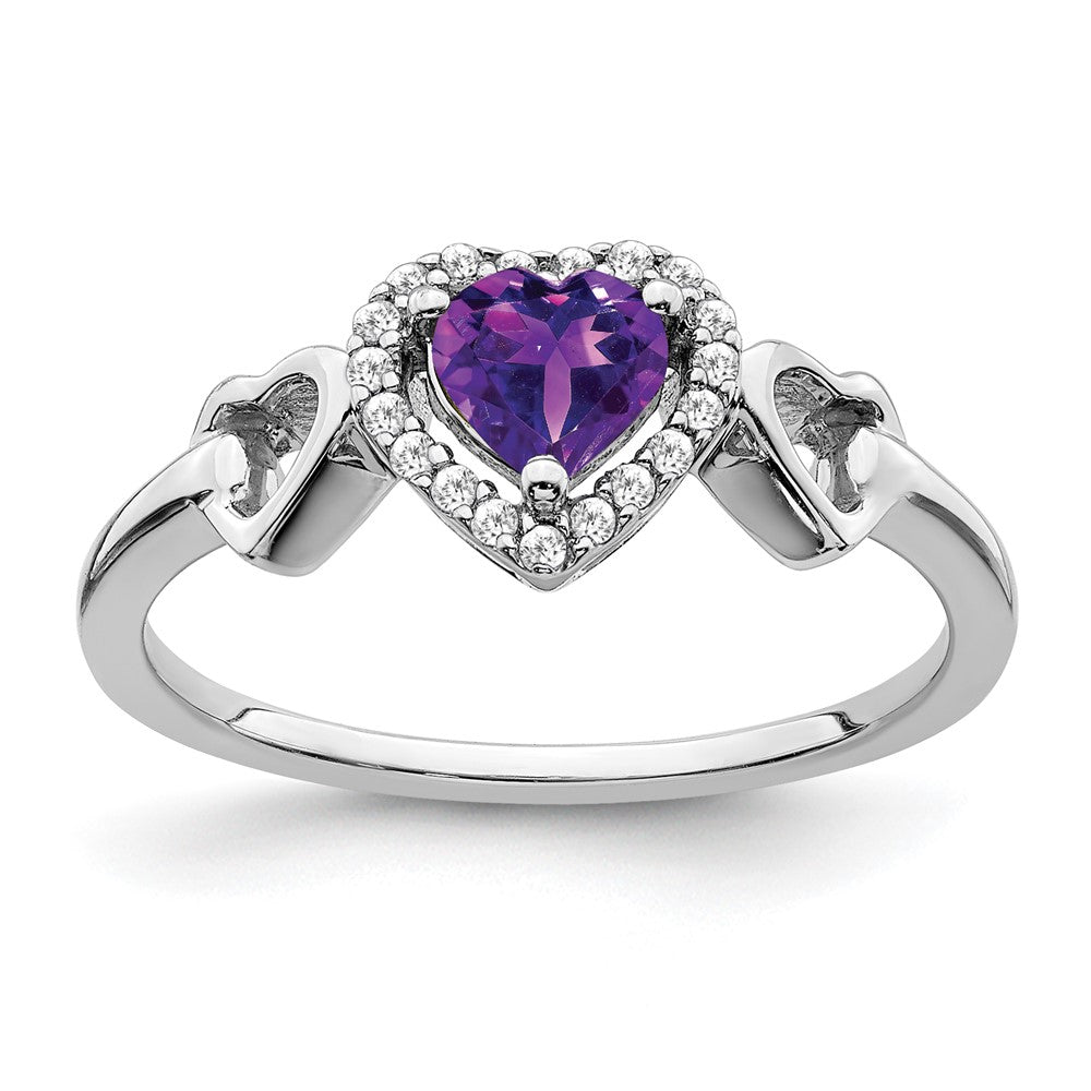 Solid 14k White Gold Simulated Amethyst and CZ Heart Ring