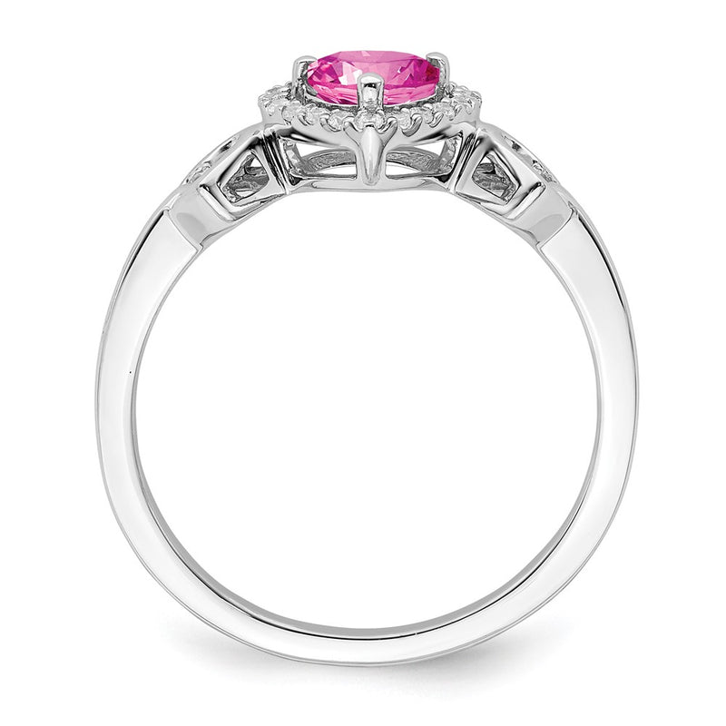 14k White Gold Created Pink Sapphire and Real Diamond Heart Ring