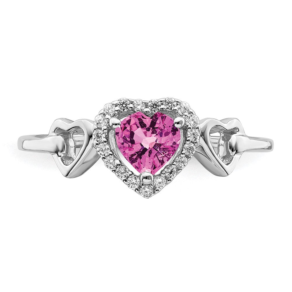 14k White Gold Created Pink Sapphire and Real Diamond Heart Ring