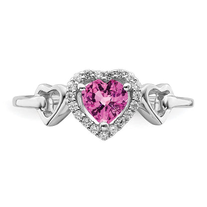 14k White Gold Created Pink Sapphire and Real Diamond Heart Ring