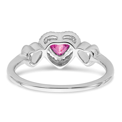 14k White Gold Created Pink Sapphire and Real Diamond Heart Ring