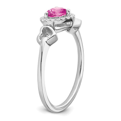 14k White Gold Created Pink Sapphire and Real Diamond Heart Ring