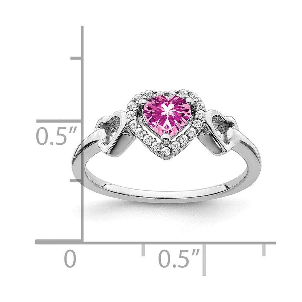 14k White Gold Created Pink Sapphire and Real Diamond Heart Ring