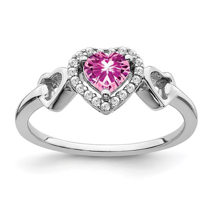 14k White Gold Created Pink Sapphire and Real Diamond Heart Ring
