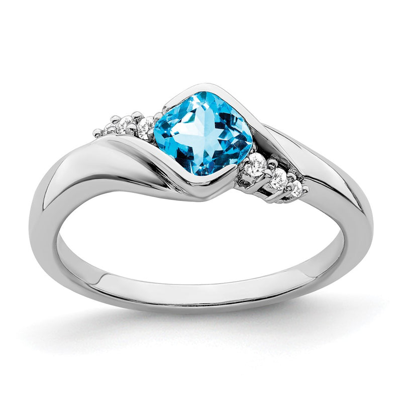 14k White Gold Blue Topaz and Real Diamond Ring