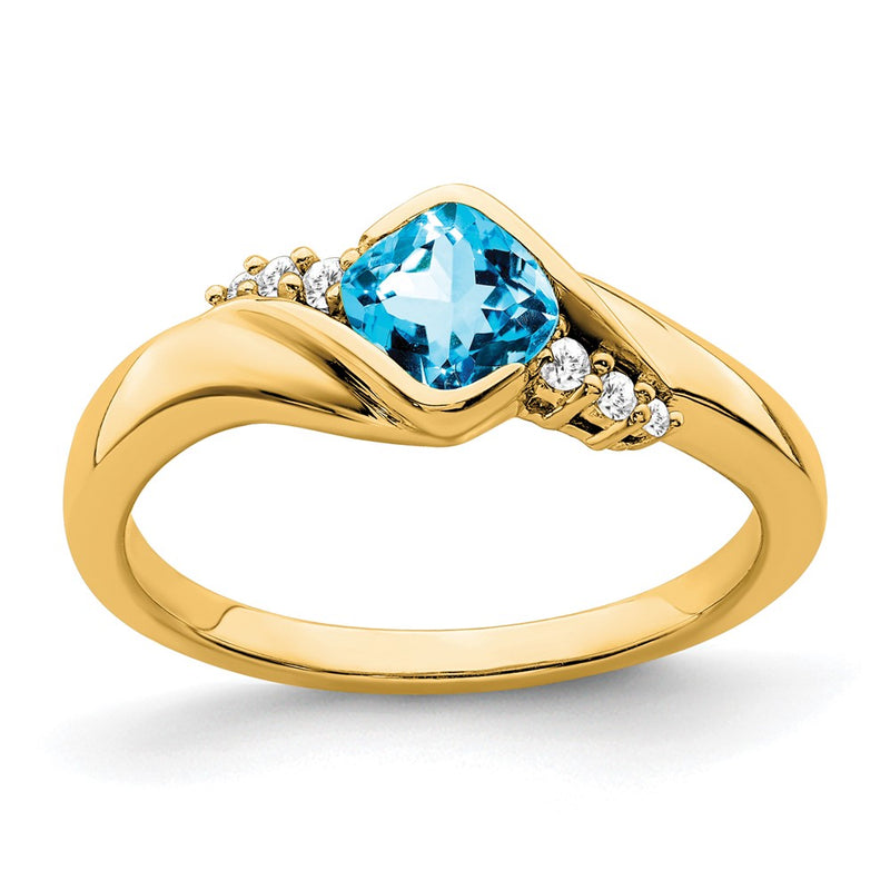 14K Yellow Gold Blue Topaz and Real Diamond Ring