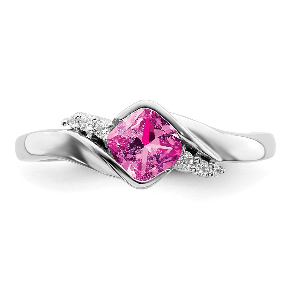 14k White Gold Created Pink Sapphire and Real Diamond Ring