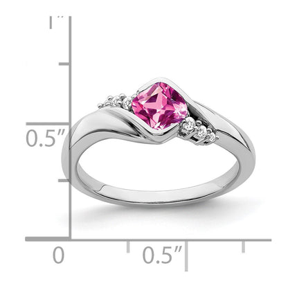 14k White Gold Created Pink Sapphire and Real Diamond Ring