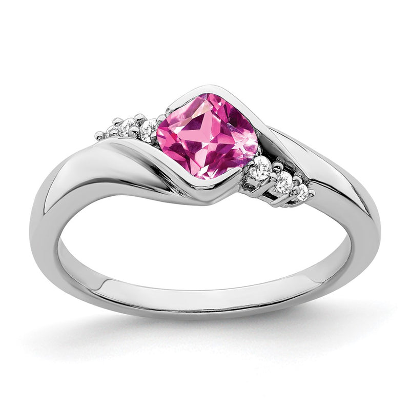 14k White Gold Created Pink Sapphire and Real Diamond Ring