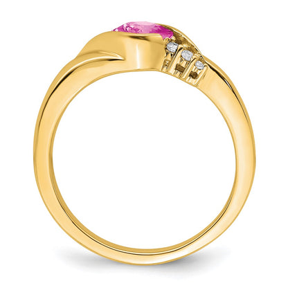 14K Yellow Gold Created Pink Sapphire and Real Diamond Ring
