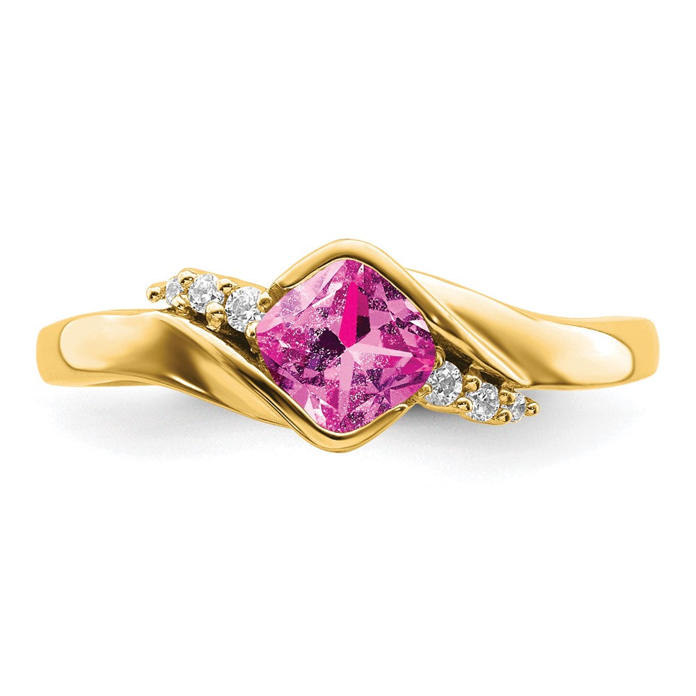 14K Yellow Gold Created Pink Sapphire and Real Diamond Ring