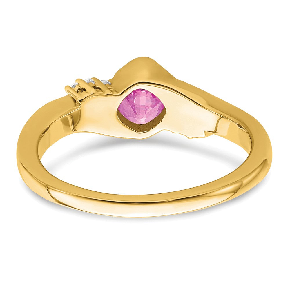 14K Yellow Gold Created Pink Sapphire and Real Diamond Ring