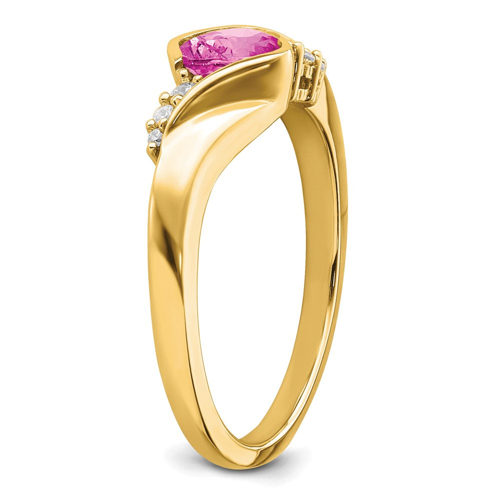 14K Yellow Gold Created Pink Sapphire and Real Diamond Ring