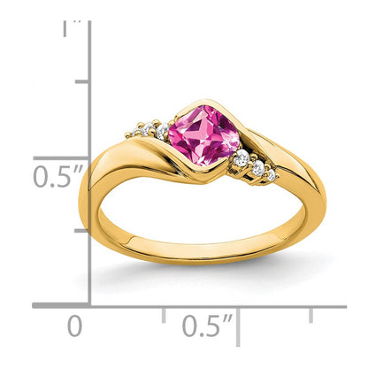 14K Yellow Gold Created Pink Sapphire and Real Diamond Ring