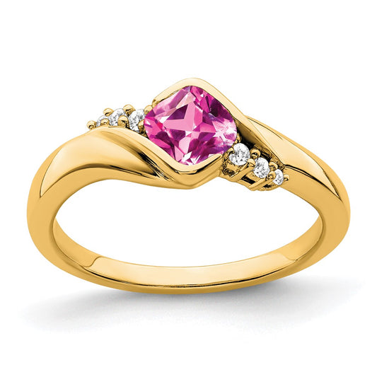 14K Yellow Gold Created Pink Sapphire and Real Diamond Ring