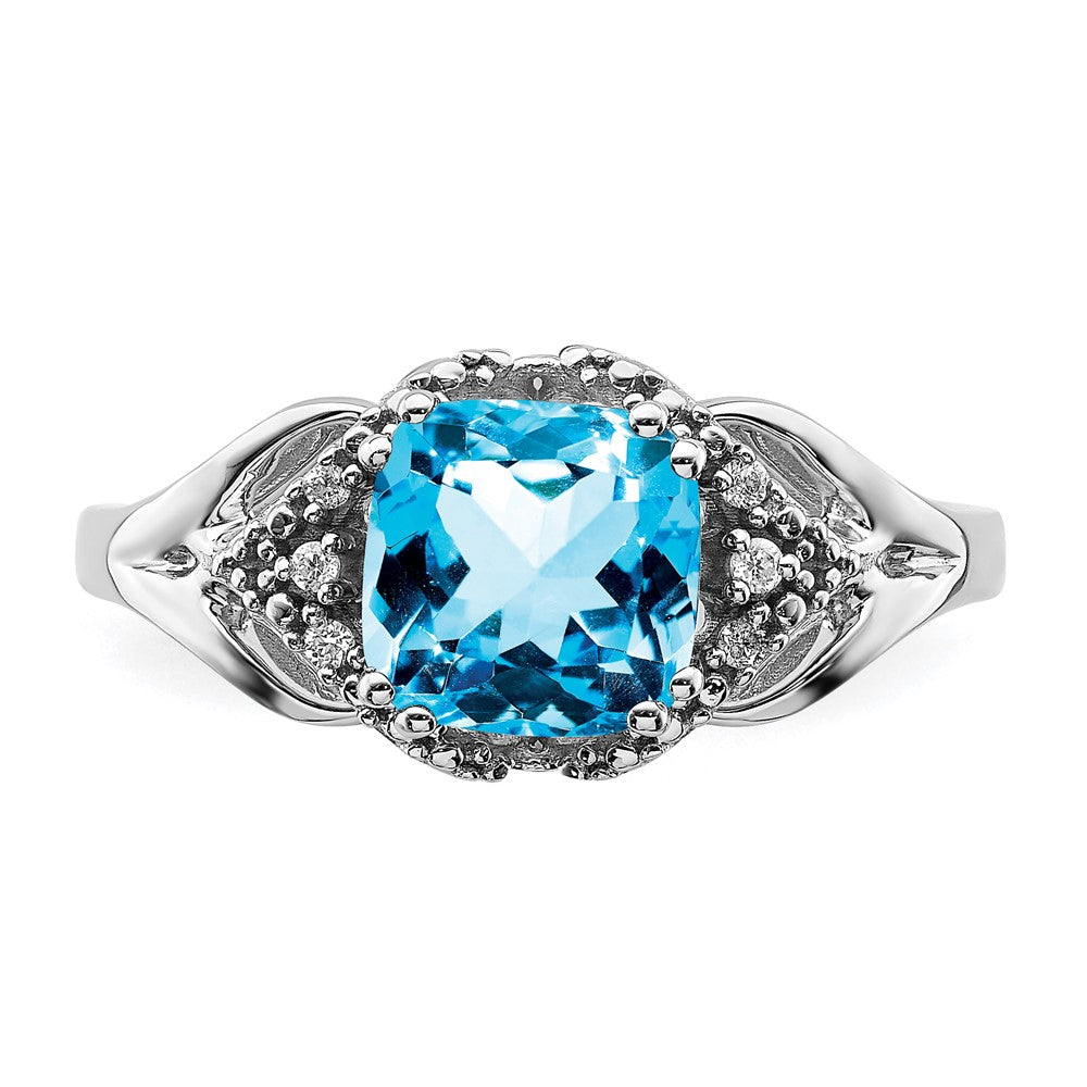 14k White Gold Blue Topaz and Real Diamond Ring
