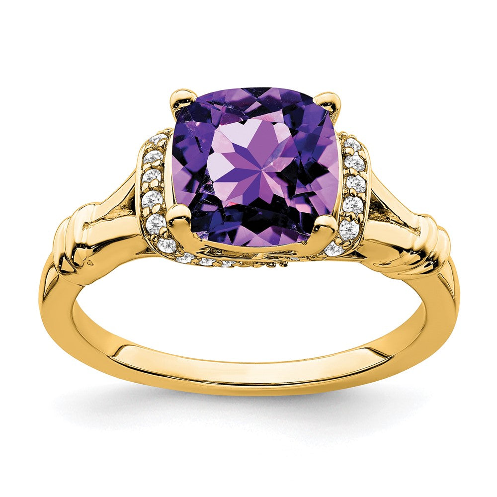 14K Yellow Gold Amethyst and Real Diamond Ring