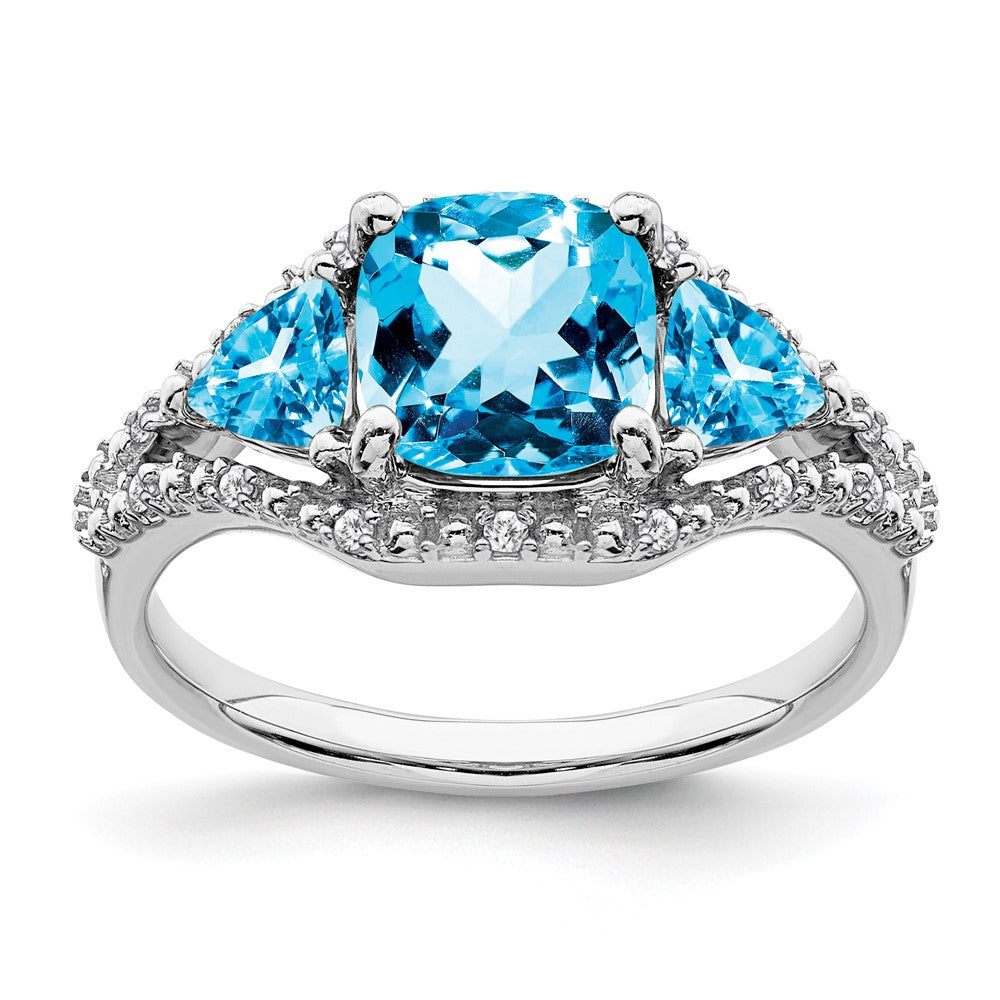 14k White Gold Blue Topaz and Real Diamond Ring