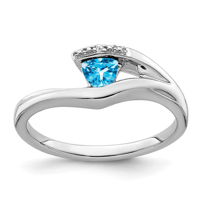 14k White Gold Trillion Blue Topaz and Real Diamond Ring