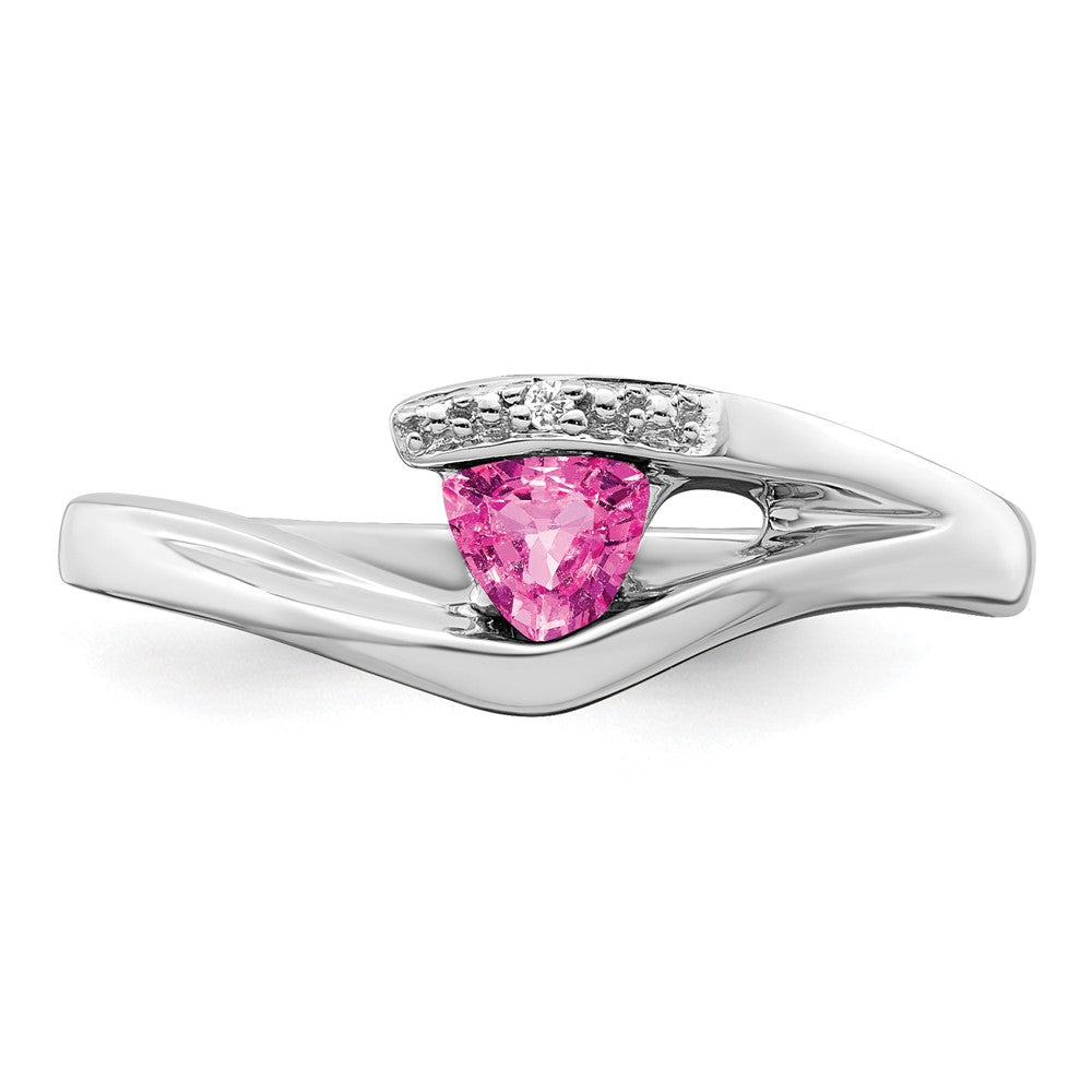 14k White Gold Trillion Created Pink Sapphire and Real Diamond Ring