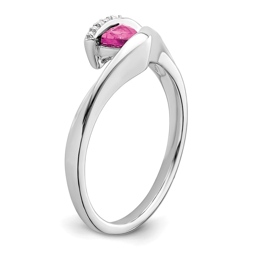 14k White Gold Trillion Created Pink Sapphire and Real Diamond Ring