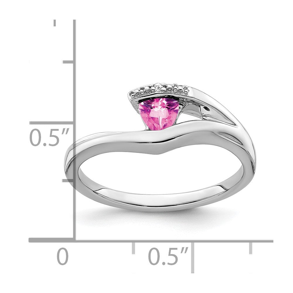 14k White Gold Trillion Created Pink Sapphire and Real Diamond Ring