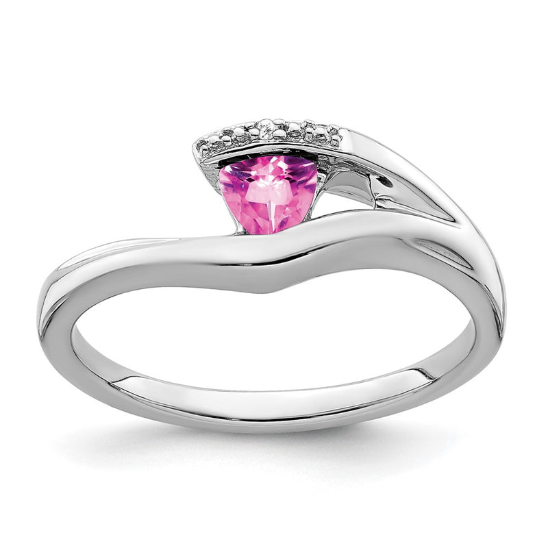 14k White Gold Trillion Created Pink Sapphire and Real Diamond Ring