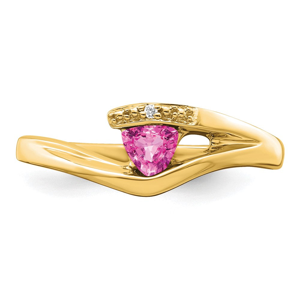 14K Yellow Gold Trillion Created Pink Sapphire and Real Diamond Ring