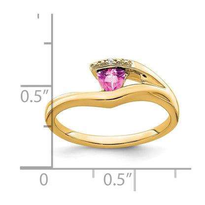 14K Yellow Gold Trillion Created Pink Sapphire and Real Diamond Ring