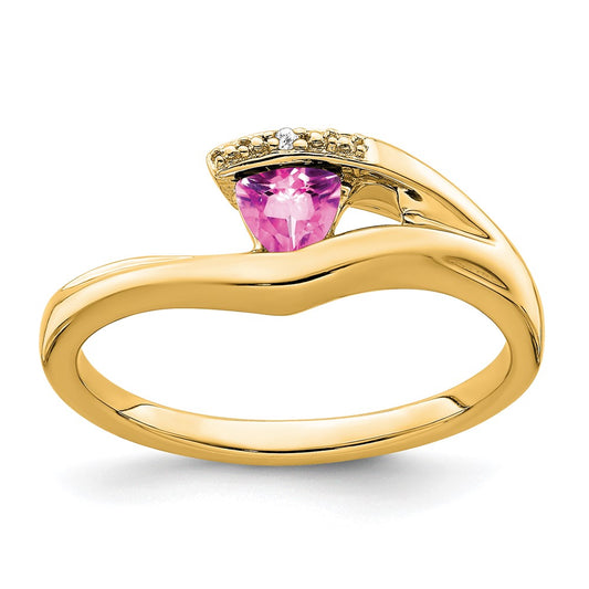14K Yellow Gold Trillion Created Pink Sapphire and Real Diamond Ring